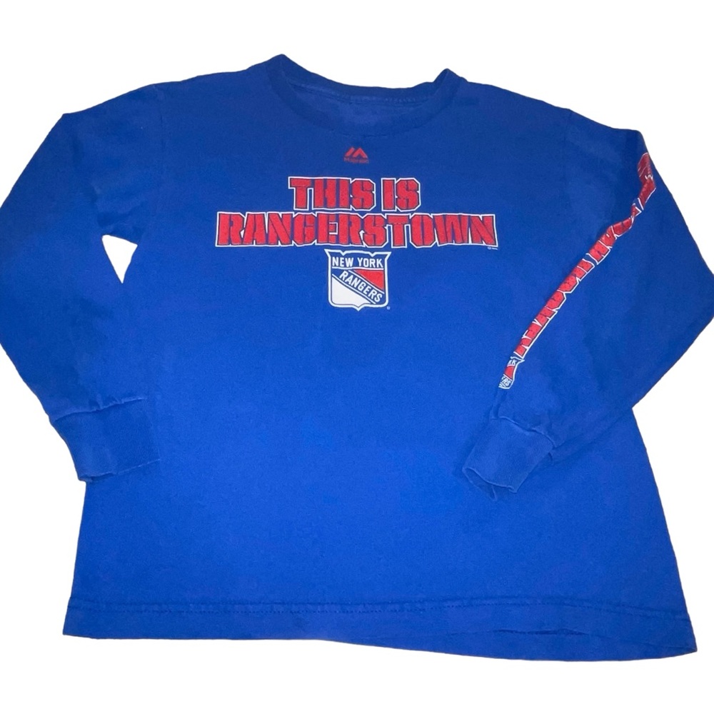 NY Rangers Boys Longs Sleeve T-Shirt Blue White Red Size: Medium GUC Flawed